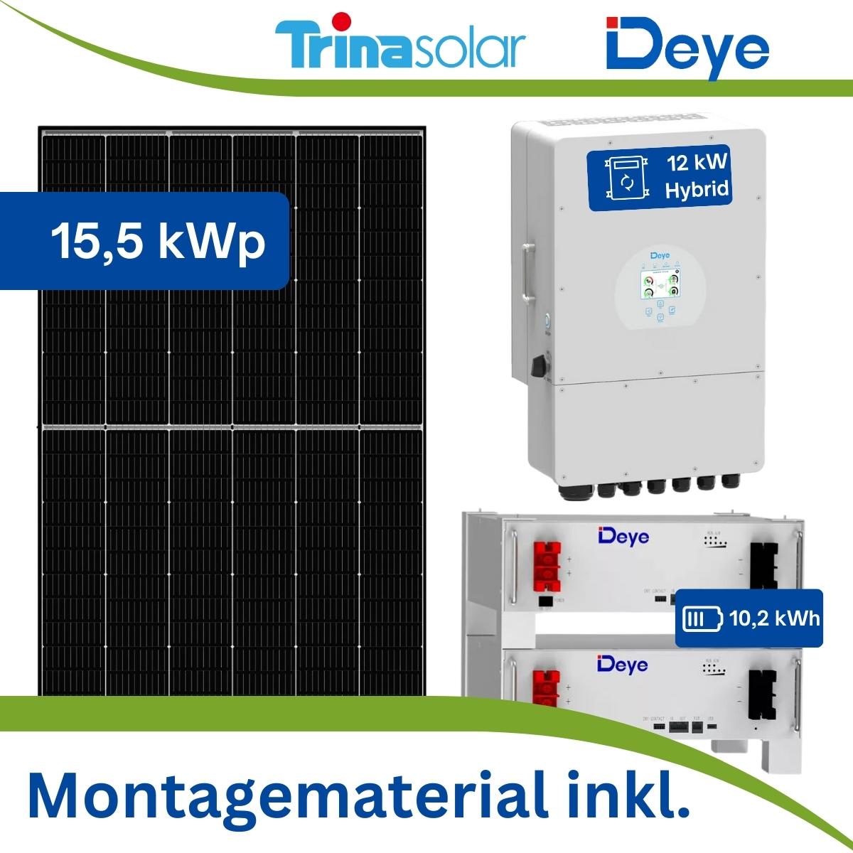 Photovoltaik Komplettanlage mit 15,5 kWp TrinaSolar Vertex S+ und 10,2 kWh Deye SE-G5.1 PRO Batteriespeicher