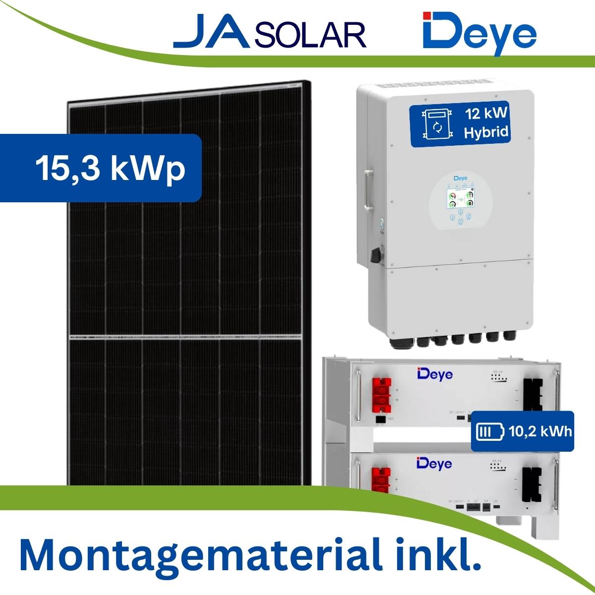 Photovoltaik Komplettanlage mit 15,3 kWp JA Solar JAM54D40 und 10,2 kWh Deye SE-G5.1 PRO Batteriespeicher